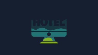 Sarı Çevrimiçi otel rezervasyon ikonu mavi arkaplanda izole edildi. Bilgisayar monitörü için online rezervasyon tasarımı konsepti. 4K Video hareketli grafik canlandırması.