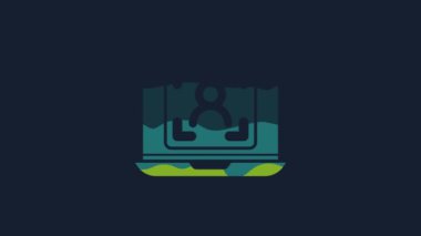 Mavi arkaplanda yüz tanıma simgesine sahip sarı dizüstü bilgisayar. Yüz tanımlama simgesi. Yüz tanıma. Siber güvenlik kavramı. 4K Video hareketli grafik canlandırması.