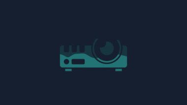 Sarı Sunum, film, film, medya projektör ikonu mavi arkaplanda izole edildi. 4K Video hareketli grafik canlandırması.