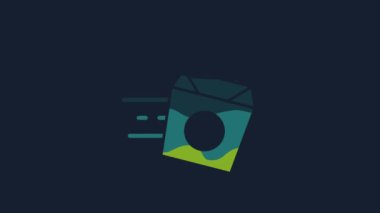 Sarı Çevrimiçi sipariş ve erişte teslimat ikonu mavi arka planda izole edildi. 4K Video hareketli grafik canlandırması.