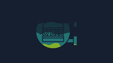 Sarı Çevrimiçi sipariş ve hamburger dağıtım ikonu mavi arka planda izole edildi. 4K Video hareketli grafik canlandırması.