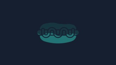 Sarı Hotdog sandviç ikonu mavi arkaplanda izole edildi. Sosis ikonu. Fast food burcu. 4K Video hareketli grafik canlandırması.