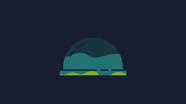 Mavi arka planda izole edilmiş bir tepsi yiyecek ikonu ile kaplanmış sarı. Tepsi ve kapak işareti. Kapaklı bir restoran saati. 4K Video hareketli grafik canlandırması.