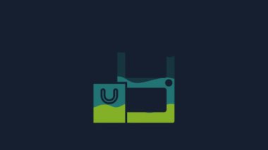 Sarı Çevrimiçi sipariş ve fast food dağıtım ikonu mavi arka planda izole edildi. 4K Video hareketli grafik canlandırması.