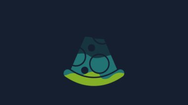 Sarı dilim pizza ikonu mavi arka planda izole edilmiş. Fast food menüsü. 4K Video hareketli grafik canlandırması.