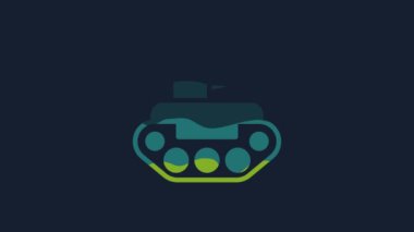 Mavi arka planda sarı askeri tank ikonu izole edildi. 4K Video hareketli grafik canlandırması.