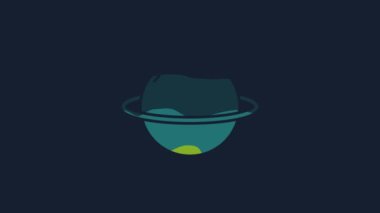 Yellow Planet Saturn with planetary ring system icon isolated on blue background. 4K Video motion graphic animation.