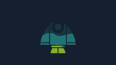 Sarı Roket gemisi simgesi mavi arkaplanda izole edildi. Uzay yolculuğu. 4K Video hareketli grafik canlandırması.