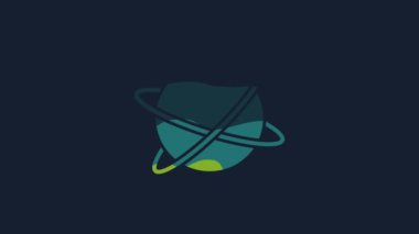 Yellow Artificial satellites orbiting the planet Earth in outer space icon isolated on blue background. Communication, navigation concept. 4K Video motion graphic animation.