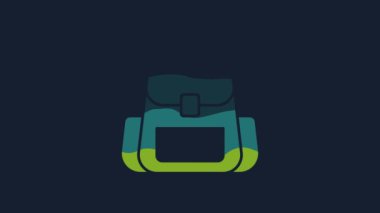 Yellow Hiking backpack icon isolated on blue background. Camping and mountain exploring backpack. 4K Video motion graphic animation.