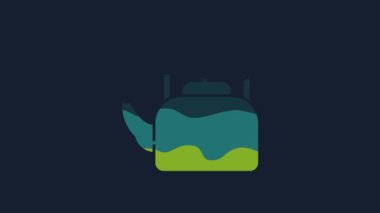 Yellow Kettle with handle icon isolated on blue background. Teapot icon. 4K Video motion graphic animation.