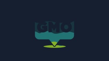 Sarı GDO simgesi mavi arkaplanda izole edildi. Genetik olarak değiştirilmiş organizma kısaltması. DNA gıda modifikasyonu. 4K Video hareketli grafik canlandırması.
