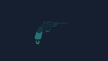 Sarı Revolver silah ikonu mavi arkaplanda izole edildi. 4K Video hareketli grafik canlandırması.