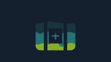 Yellow First aid kit icon isolated on blue background. Medical box with cross. Medical equipment for emergency. Healthcare concept. 4K Video motion graphic animation.