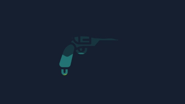 Yellow Revolver Gun Icon Isolated Blue Background Video Motion Graphic — Vídeos de Stock