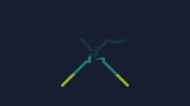 Mavi arka planda sarı barbekü şiş ikonu izole edildi. Şiş çubukta et kebabı. Izgara etle piknik. 4K Video hareketli grafik canlandırması.