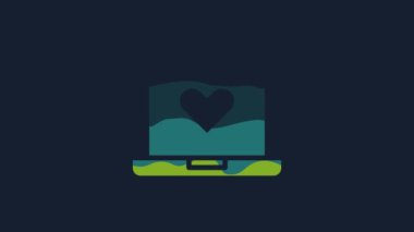 Sarı Flört uygulaması çevrimiçi dizüstü bilgisayar konsept simgesi mavi arkaplanda izole edildi. Kadın erkek profili düz tasarım. Çift ilişki için eşleşiyor. 4K Video hareketli grafik canlandırması.