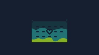Yellow Calendar with heart icon isolated on blue background. Valentines day. Love symbol. February 14. 4K Video motion graphic animation.