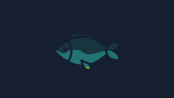 青い背景に黄色の魚のアイコンが孤立しています 4Kビデオモーショングラフィックアニメーション — ストック動画