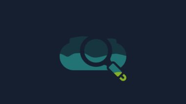 Yellow Search cloud computing icon isolated on blue background. Magnifying glass and cloud. 4K Video motion graphic animation.