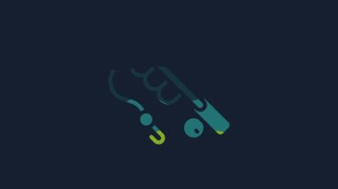Yellow Fishing rod icon isolated on blue background. Fishing equipment and fish farming topics. 4K Video motion graphic animation.