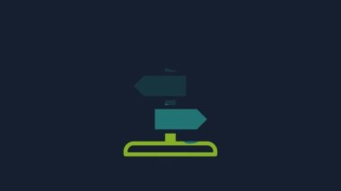 Yellow Road traffic sign. Signpost icon isolated on blue background. Pointer symbol. Isolated street information sign. Direction sign. 4K Video motion graphic animation.