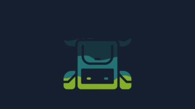 Yellow Hiking backpack icon isolated on blue background. Camping and mountain exploring backpack. 4K Video motion graphic animation.