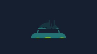 Yellow Hunter hat icon isolated on blue background. Plaid winter hat. 4K Video motion graphic animation.