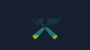 Yellow Crossed fork and spoon icon isolated on blue background. Cooking utensil. Cutlery sign. 4K Video motion graphic animation.
