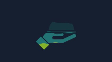 Mavi arka planda izole edilmiş bir tepsi yiyecek ikonu ile kaplanmış sarı. Tepsi ve kapak işareti. Kapaklı bir restoran saati. 4K Video hareketli grafik canlandırması.