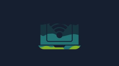 Yellow Wireless laptop icon isolated on blue background. Internet of things concept with wireless connection. 4K Video motion graphic animation.