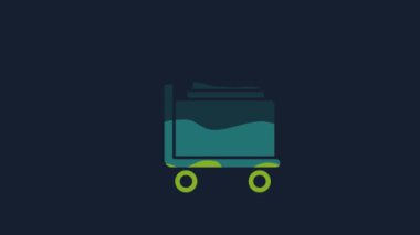 Mavi arka planda izole edilmiş bir tepsi yiyecek ikonu ile kaplanmış sarı. Tepsi ve kapak işareti. Kapaklı bir restoran saati. 4K Video hareketli grafik canlandırması.