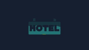 Sarı pano açık hava reklamı ve mavi arka planda izole edilmiş bir metin otel simgesi. 4K Video hareketli grafik canlandırması.