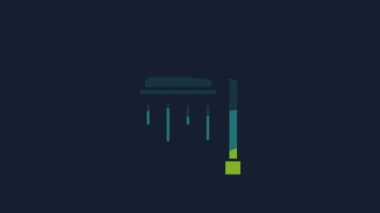 Yellow Shower head with water drops flowing icon isolated on blue background. 4K Video motion graphic animation.