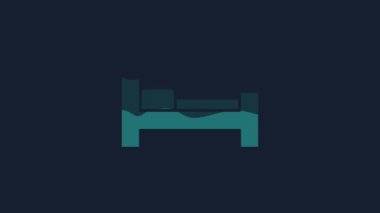 Yellow Hotel room bed icon isolated on blue background. 4K Video motion graphic animation.