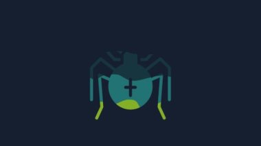 Yellow Spider icon isolated on blue background. Happy Halloween party. 4K Video motion graphic animation.