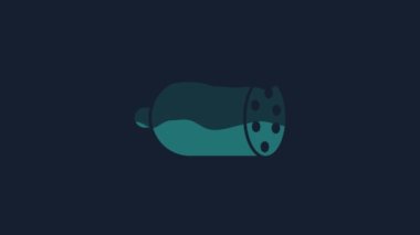 Yellow Salami sausage icon isolated on blue background. Meat delicatessen product. 4K Video motion graphic animation.