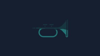 Yellow Musical instrument trumpet icon isolated on blue background. 4K Video motion graphic animation.