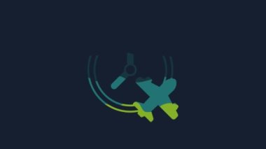 Yellow Clock with airplane icon isolated on blue background. Designation of time before departure, check-in for flight and arrival time symbol. 4K Video motion graphic animation .