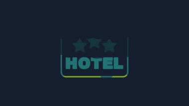 Sarı pano açık hava reklamı ve mavi arka planda izole edilmiş bir metin otel simgesi. 4K Video hareketli grafik canlandırması .