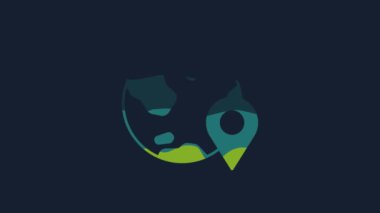Yellow Location on the globe icon isolated on blue background. World or Earth sign. 4K Video motion graphic animation .