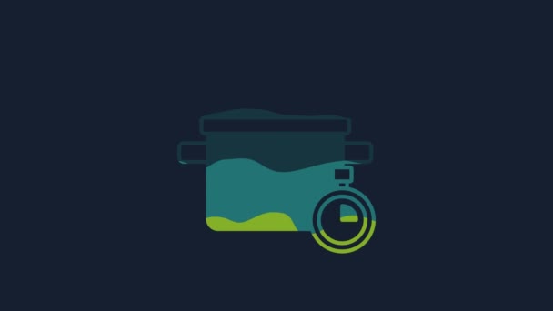 青色の背景に隔離された黄色の調理ポットアイコン 沸騰またはシチュー食品のシンボル 4Kビデオモーショングラフィックアニメーション — ストック動画