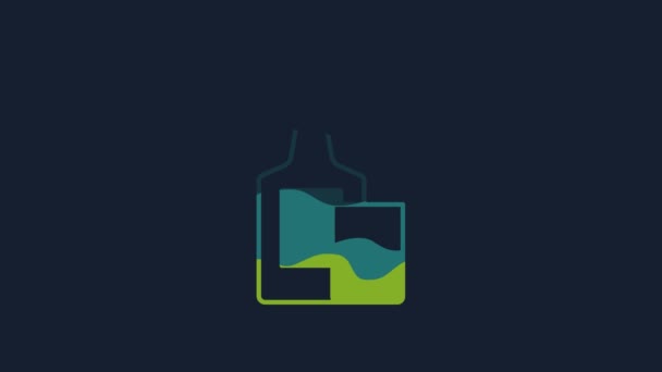 黄色威士忌瓶和玻璃图标隔离在蓝色背景 4K视频运动图形动画 — 图库视频影像
