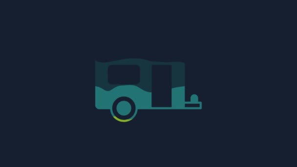 黄色的野营拖车图标隔离在蓝色的背景 旅行回家 大篷车 回家露营旅行 4K视频运动图形动画 — 图库视频影像