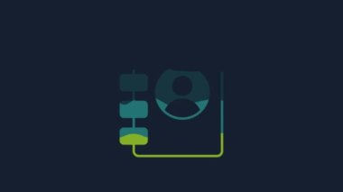 Sarı adres defteri simgesi mavi arkaplanda izole edildi. Not defteri, adres, bağlantı, rehber, telefon, telefon rehberi simgesi. 4K Video hareketli grafik canlandırması .
