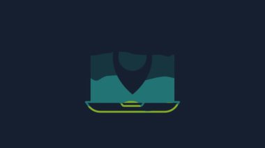 Mavi arkaplanda konum belirleyici simgesi olan sarı dizüstü bilgisayar. 4K Video hareketli grafik canlandırması .