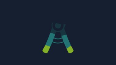 Yellow Gardening handmade scissors for trimming icon isolated on blue background. Pruning shears with wooden handles. 4K Video motion graphic animation .