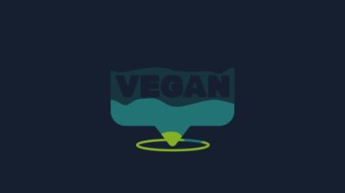 Yellow Vegan food diet icon isolated on blue background. Organic, bio, eco symbol. Vegan, no meat, lactose free, healthy, fresh and nonviolent food. 4K Video motion graphic animation .