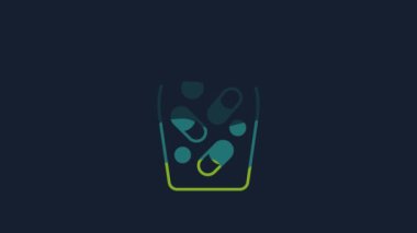 Sarı ilaç şişesi ve mavi arka planda izole edilmiş hap ikonu. Şişe hapı işareti. Eczane tasarımı. 4K Video hareketli grafik canlandırması.