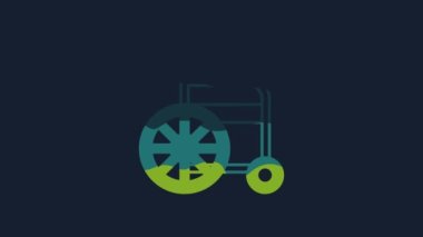 Özürlü kişi simgesi için sarı tekerlekli sandalye mavi arkaplanda izole edildi. 4K Video hareketli grafik canlandırması.